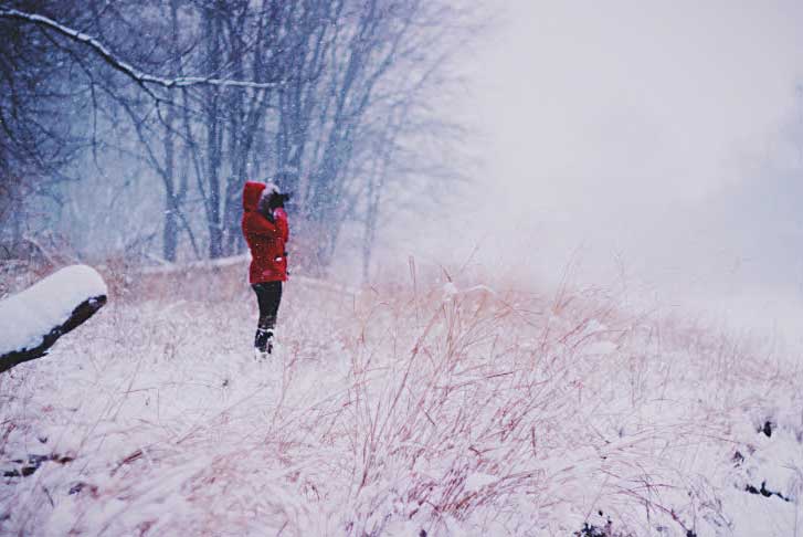 woman taking pictures in snowy field